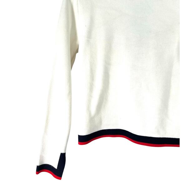 ZARA S Knit Pearl Cardigan V White Stripe-Trim Red Blue Sweater Cropped Classic - Picture 5 of 7